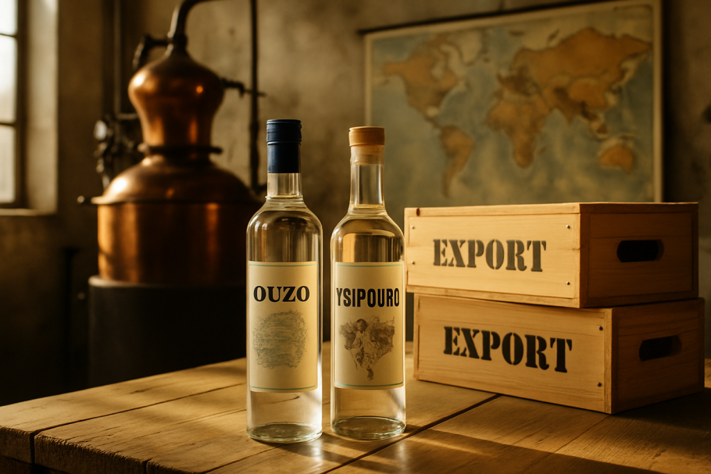 Bottles of ouzo and tsipouro with export shipping crates