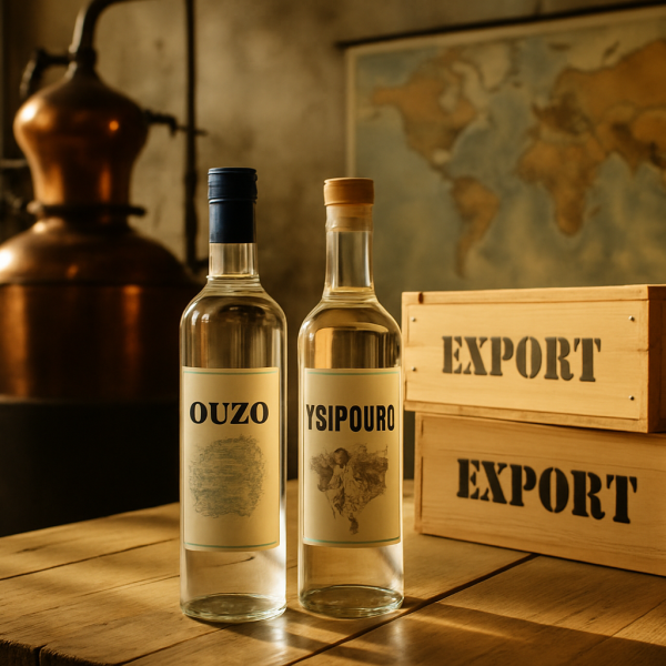 Bottles of ouzo and tsipouro with export shipping crates