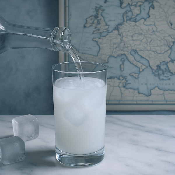 Glass of ouzo turning milky with water beside a map of Europe
