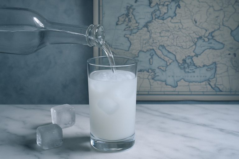 Glass of ouzo turning milky with water beside a map of Europe