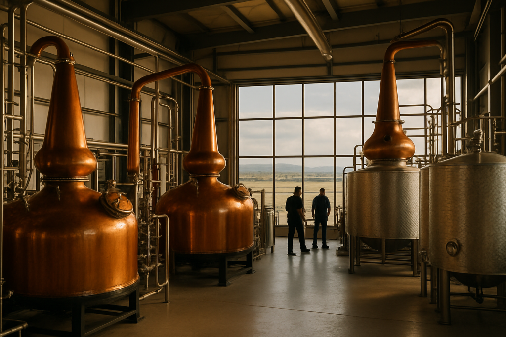 Modern Greek distillery with copper stills producing tsipouro