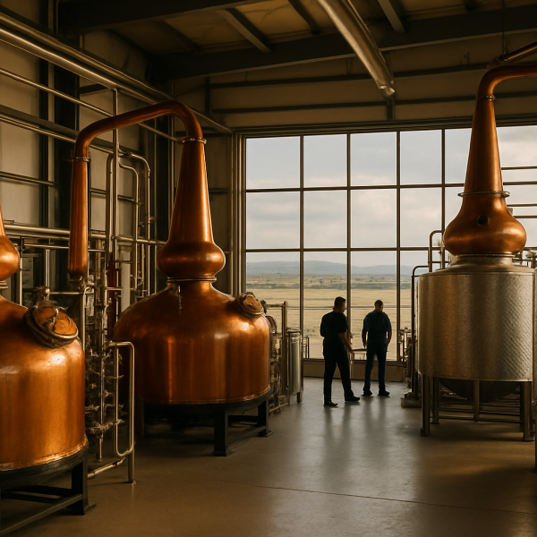 Modern Greek distillery with copper stills producing tsipouro